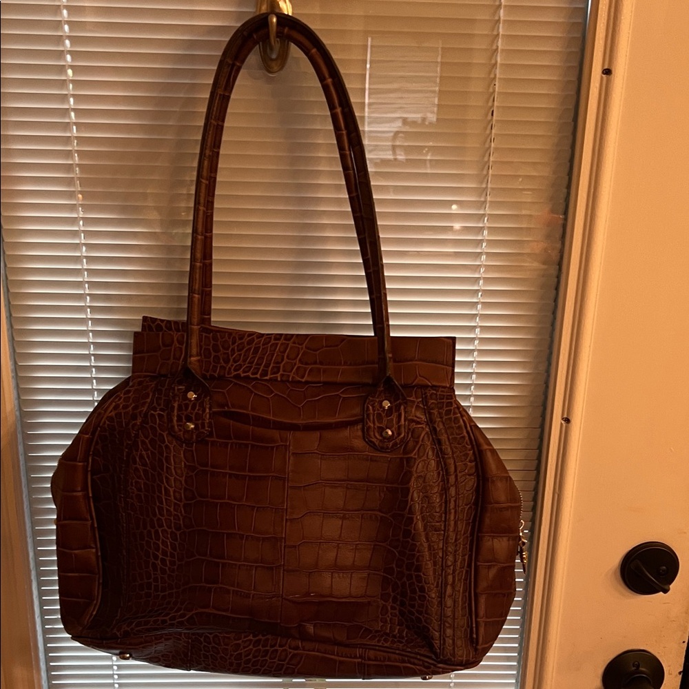 B. Makowsky Rich Brown Crocodile Embossed Shoulder Bag - Picture 4 of 6